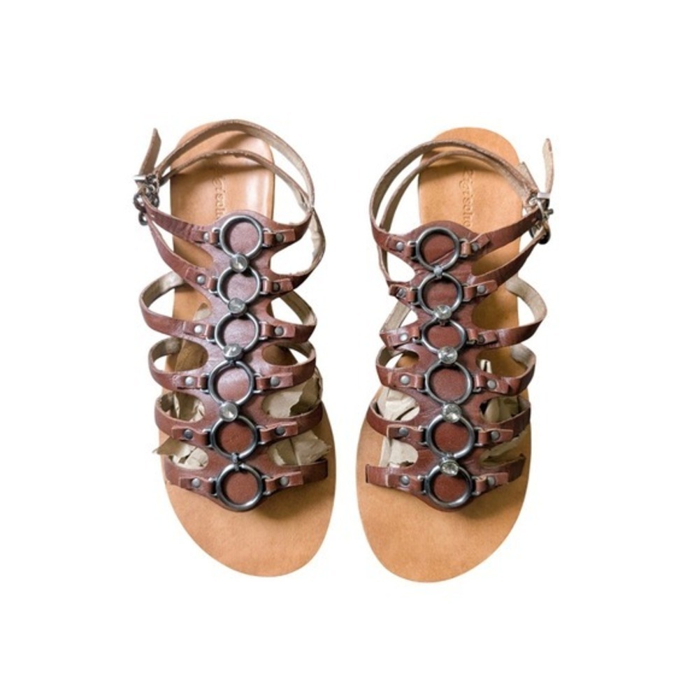 Zelda Y2K Boho Roman Style Rhinestone Double Strap Brown Leather Wedges